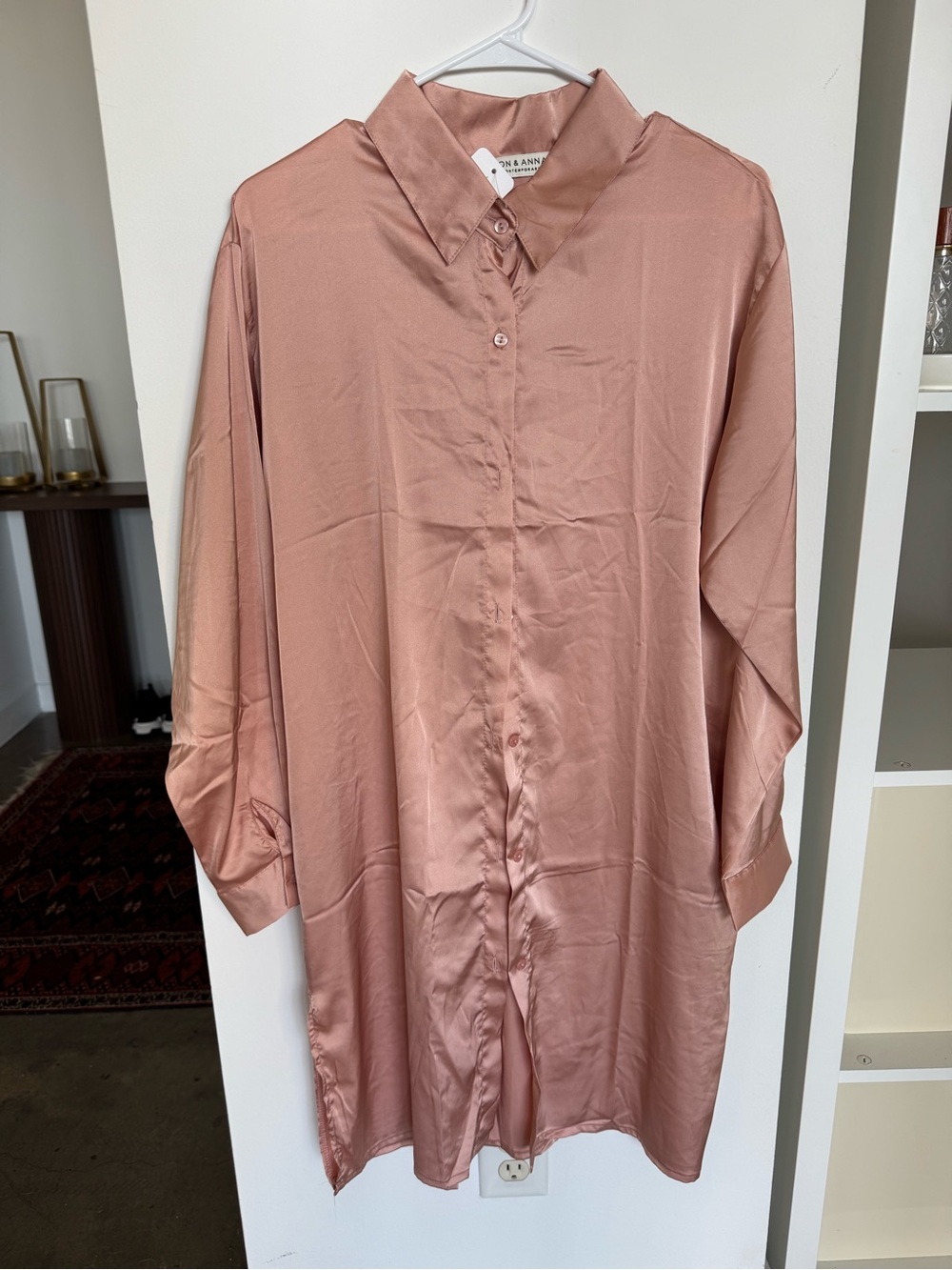 Dusty Rose Modest Satin Button-Down Long Shirt Blouse